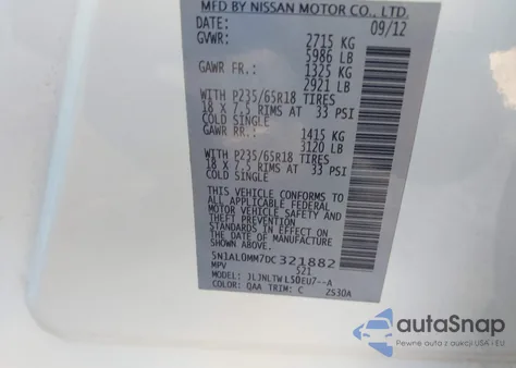 2013 Infiniti Jx35 from USA, damaged, VIN 5N1AL0MM7DC321882